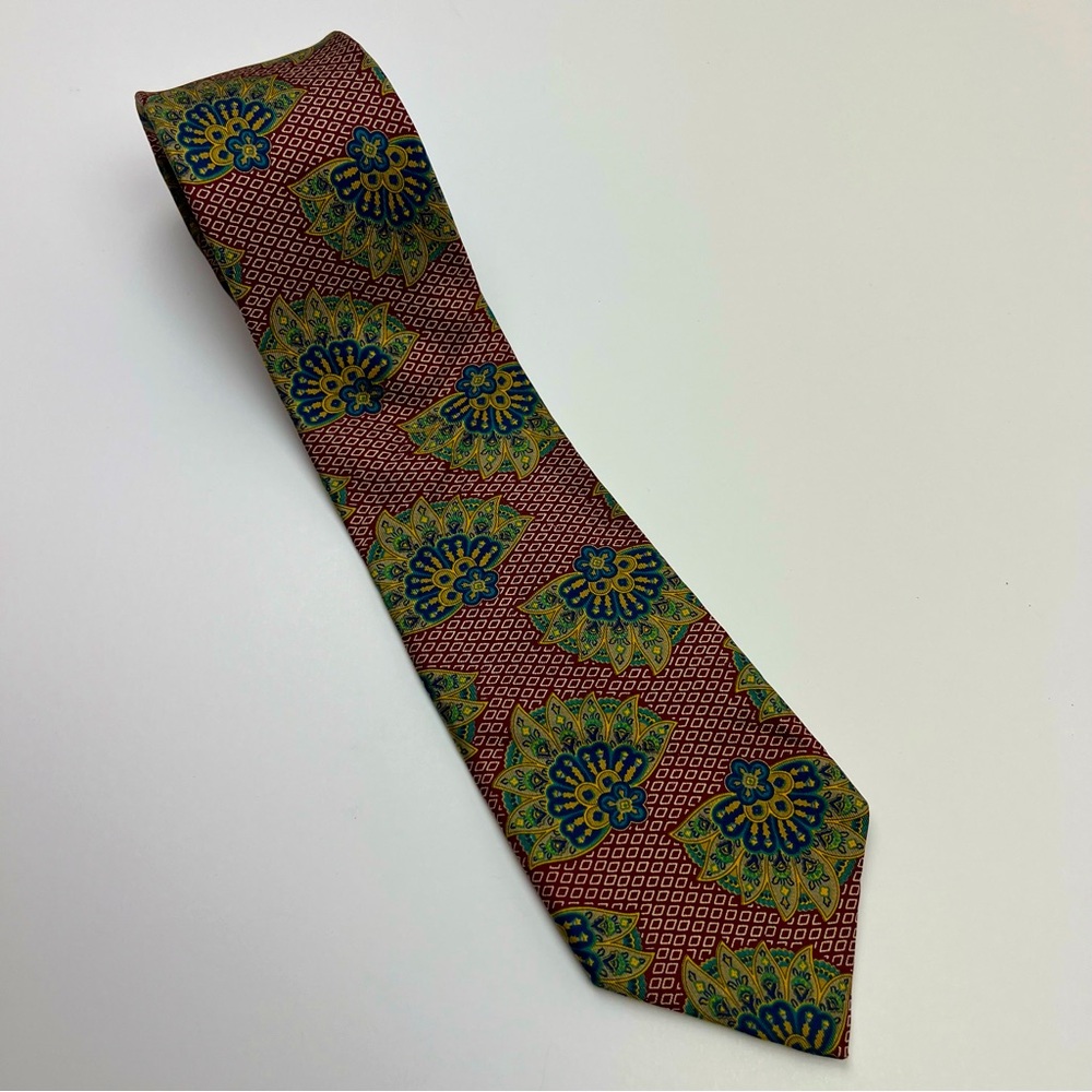 Liberty of London 100% Silk Tie Mens Preppy Office Burgundy Yellow Green Vintage